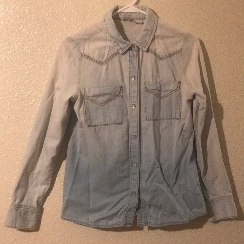 Ombre faded jean pearl snap button up shirt